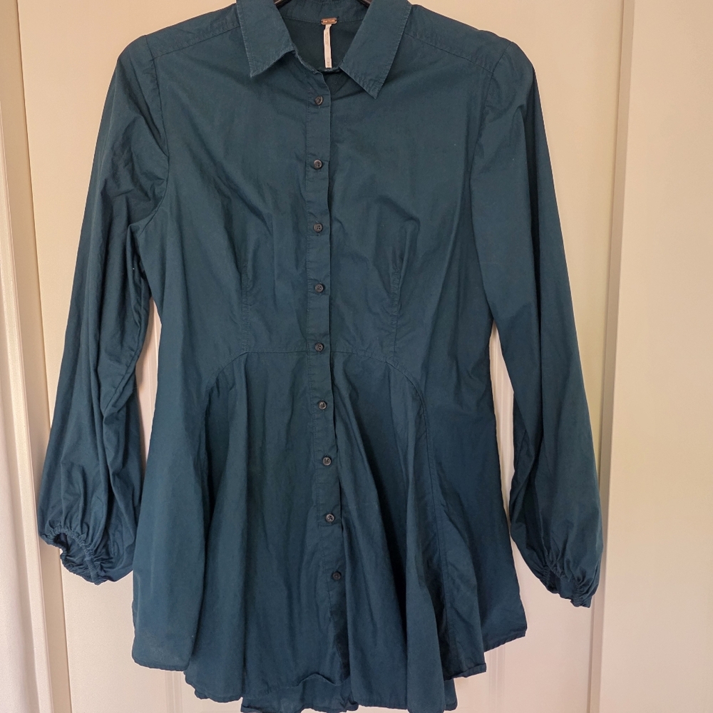 Free People Deep Teal Long Sleeve Shirt Dress Size M - Picture 1 of 6